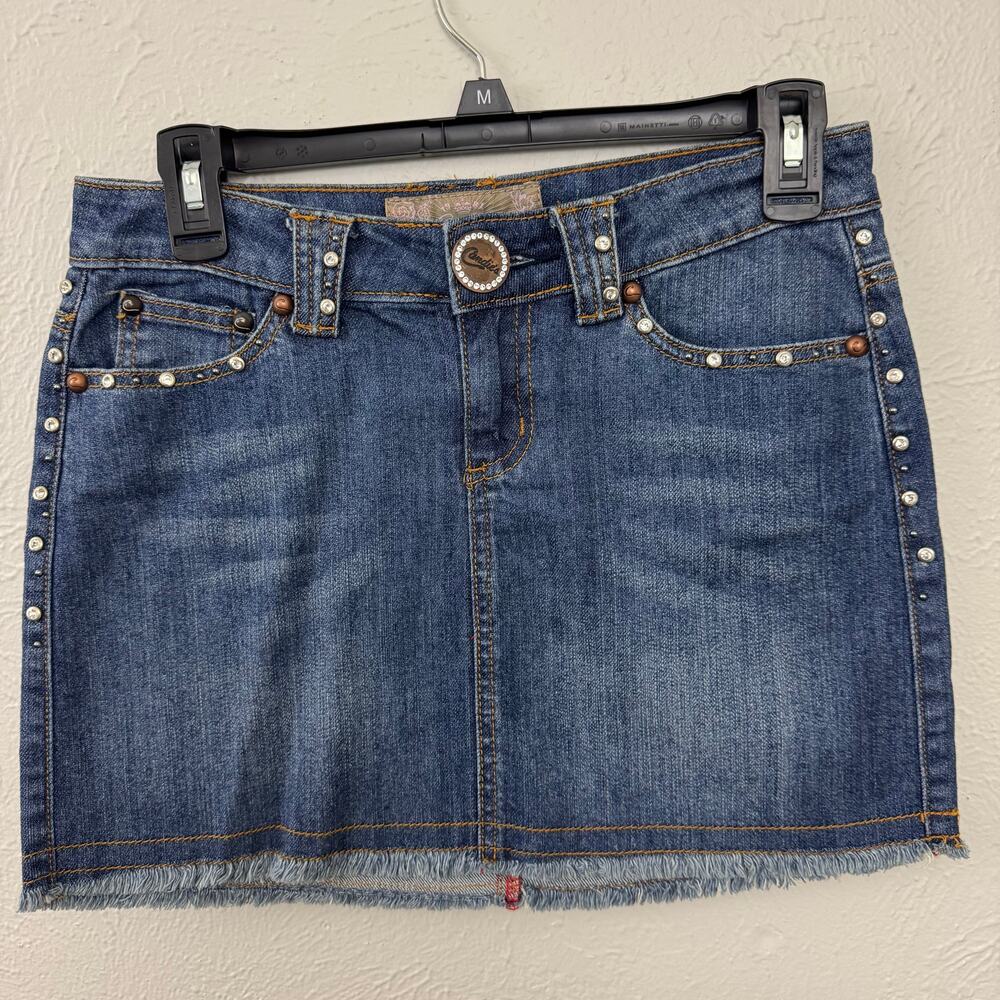 Candie's Rhinestone Studded Denim Mini Skirt Size 3 Fringe Hem Y2K Country